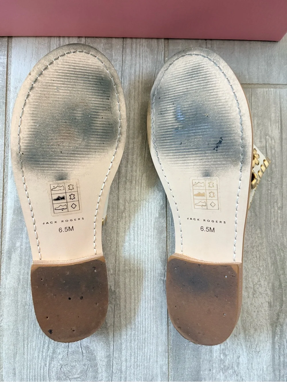 Jack Rogers White Leather Sandals with Gold Accents